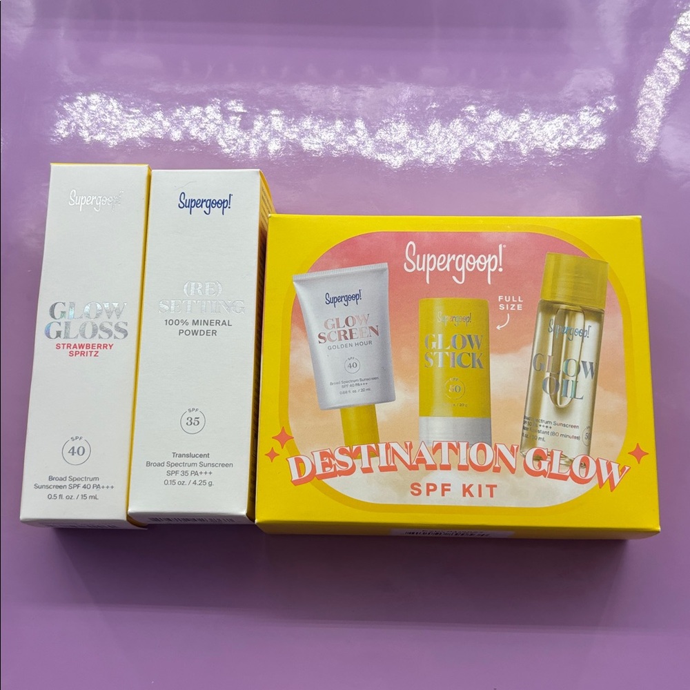 Supergoop Destination Glow SPF Kit, glow gloss and resetting powder NEW